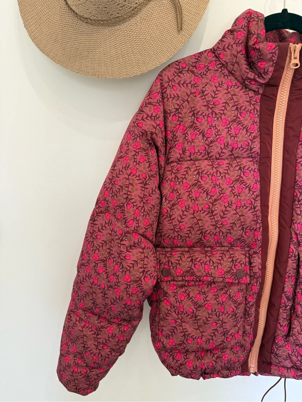 Anthropologie Floral Pink Quilted Puffer Jacket